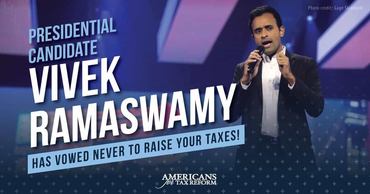 image of Vivek Ramaswamy speaking with copy announcing his decision to sign the Taxpayer Protection Pledge